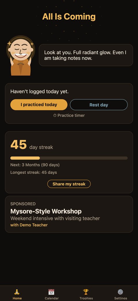 Baba Ekam home screen showing a 45 day streak and the guru mascot